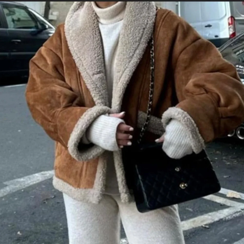 chunky jacket faux suede trench faux fur trim snow warm coat